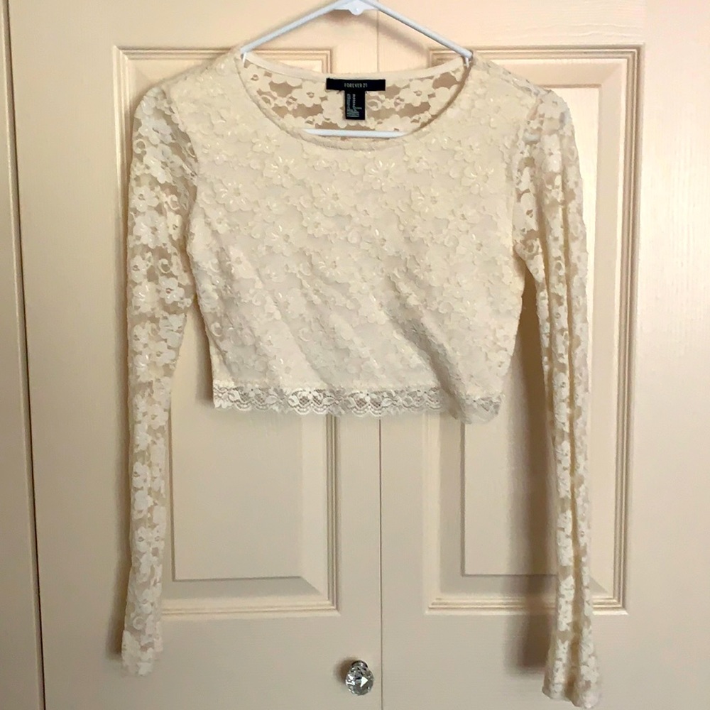 Forever 21 cream floral long sleeve crop top